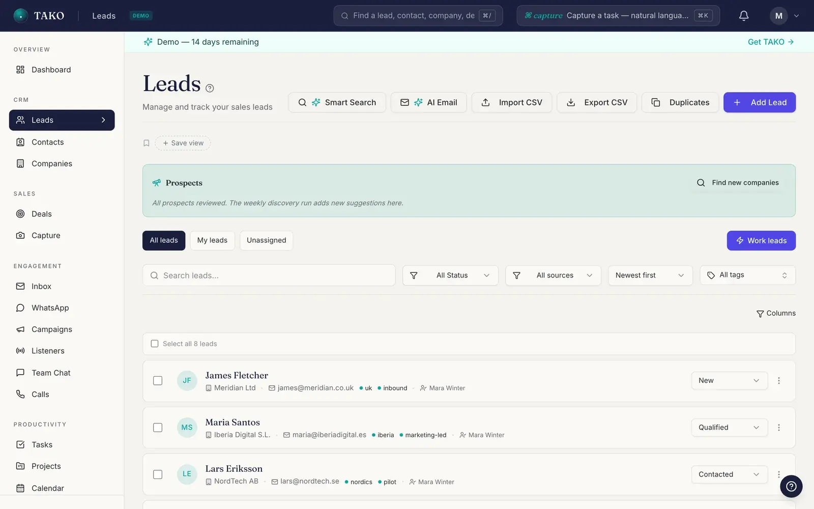 TAKO CRM: The leads list with status, source and owner on every row; AI summary and a drafted email are one click away.