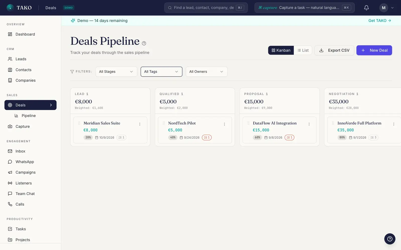 TAKO CRM: The deals Kanban: weighted value per stage, probability and due date on every card.