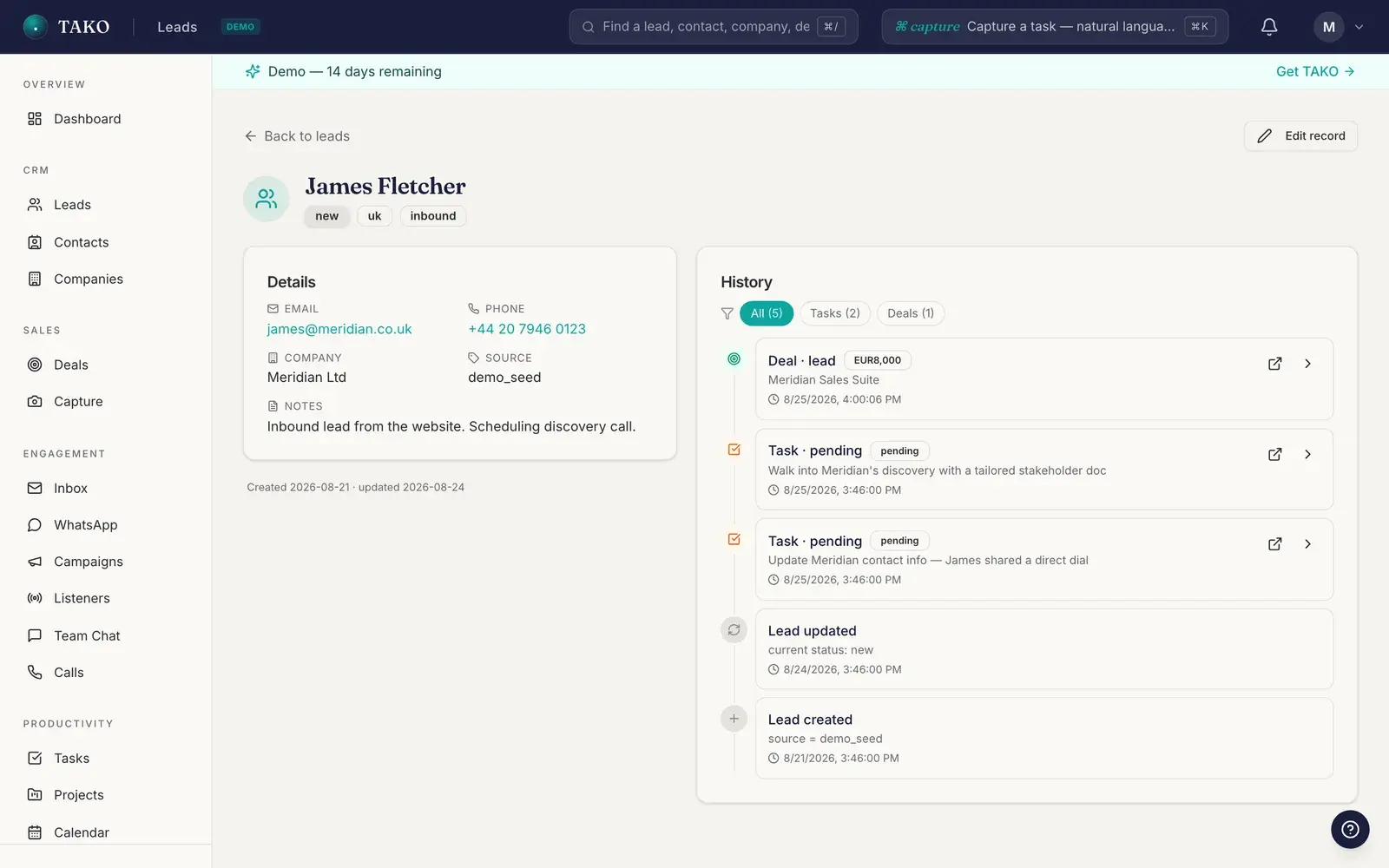 TAKO CRM: A lead record with contact details and the full history timeline: deals, tasks and every change.