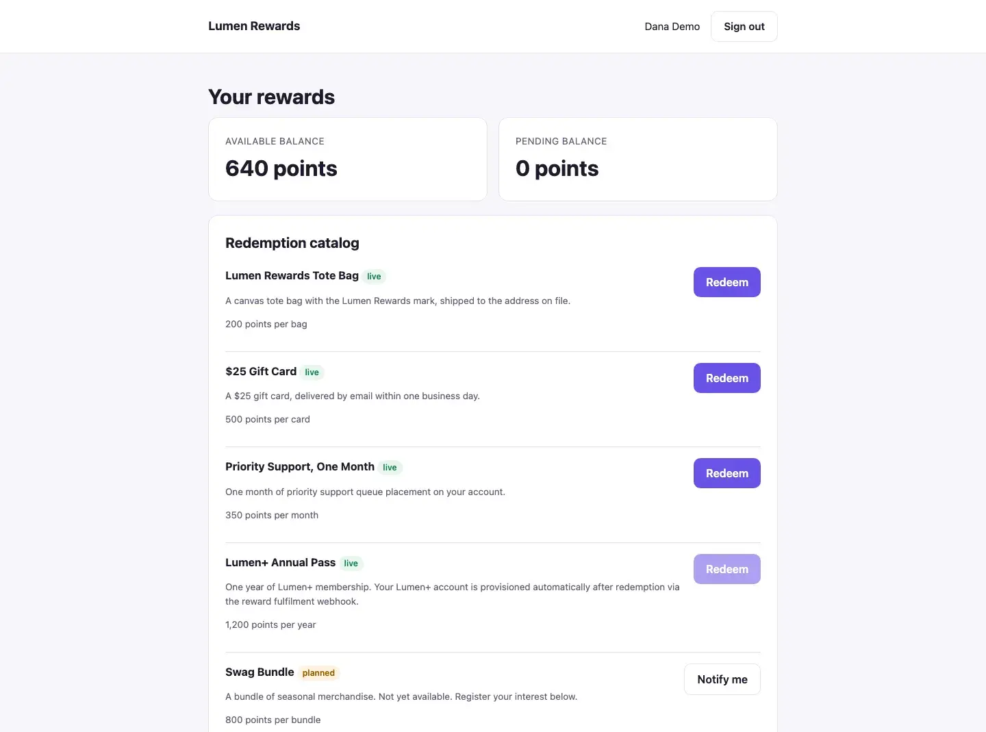 Token Loyalty Shop Kit: A member dashboard: available balance and the redemption catalog you define.