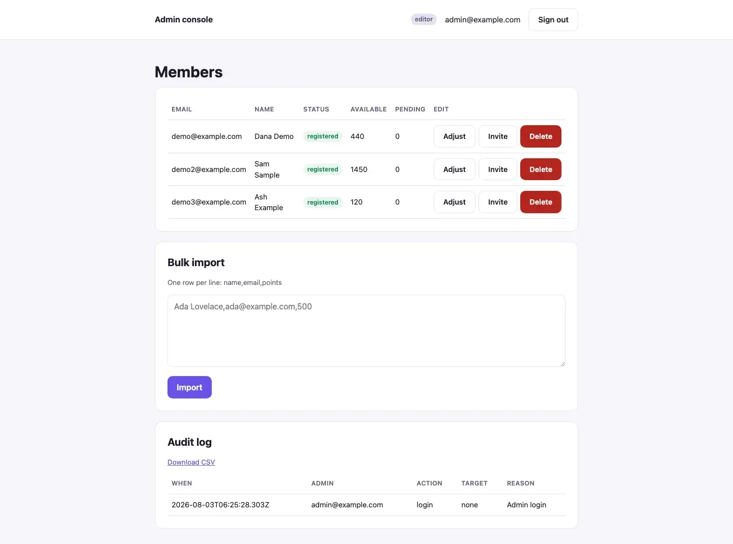 Token Loyalty Shop Kit: The admin console: members with balance edits, bulk import with invite links, and the audit log.