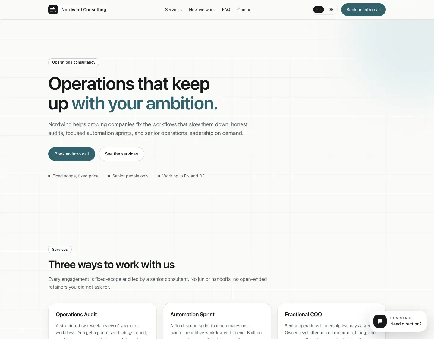 Landing + AI Concierge Kit: The landing page of the fictional demo brand, exactly as the kit ships it.