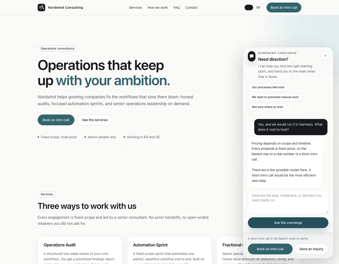 Landing + AI Concierge Kit: The concierge qualifying a real visitor question in rule based mode, with no API key configured.