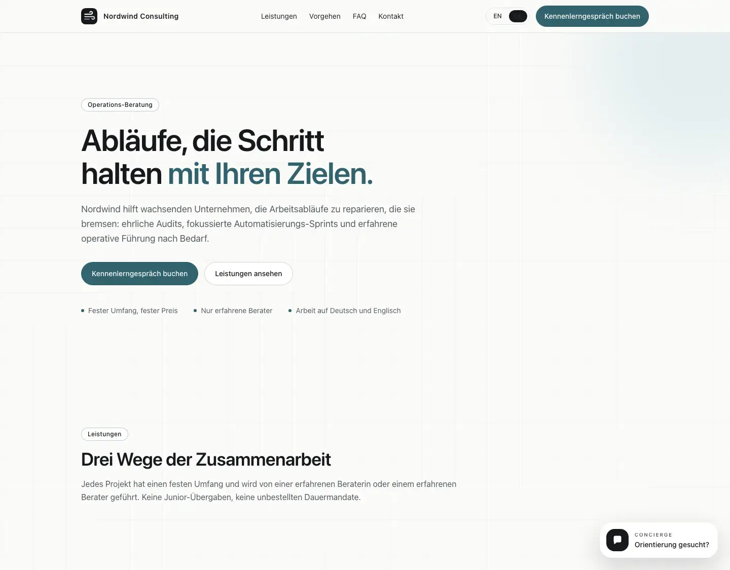 Landing + AI Concierge Kit: The same page in German at /de: one copy file, one middleware, both languages.